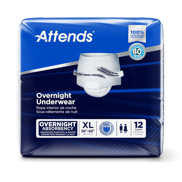 Attends Overnight Underwear for Adult Incontinence Care with ConfidenceCuff Protection, Overnight Absorbency, Unisex, X-Large, 12 Count (x4)