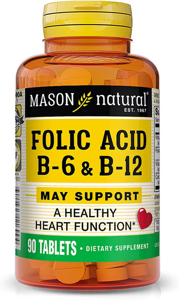 MASON NATURAL Folic Acid with B,6 & B,12, 90 Day Supply, Supports Normal Heart Health and Metabolic Function