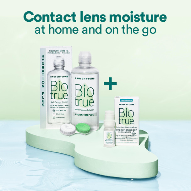 Biotrue Hydration Plus Contact Lens Solution with Lens Case, Multi-Purpose Solution for Soft Lenses, Hydrates with Hyaluronan, Cleans, Clears, and Disinfects for All-Day Comfort, 10 Fl Oz (Pack of 1)