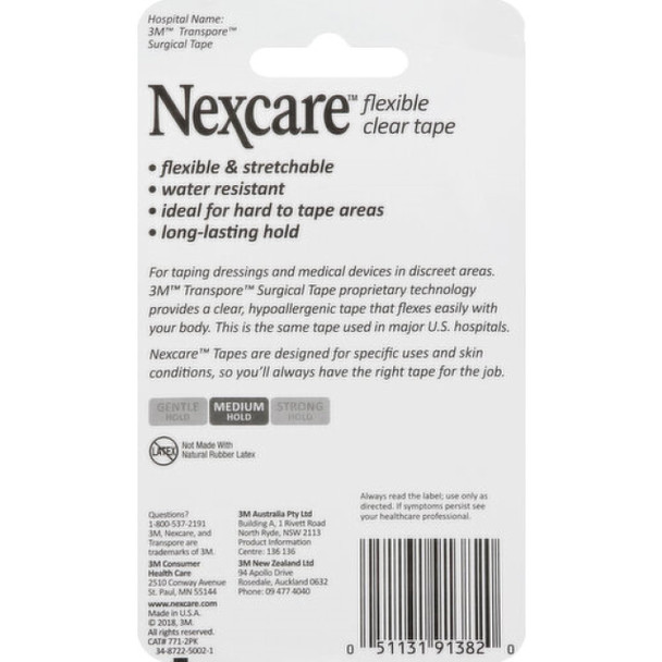 Nexcare Flexible Clear First Aid Tape, 1 Inch x 10 Yard Roll, 2 Count