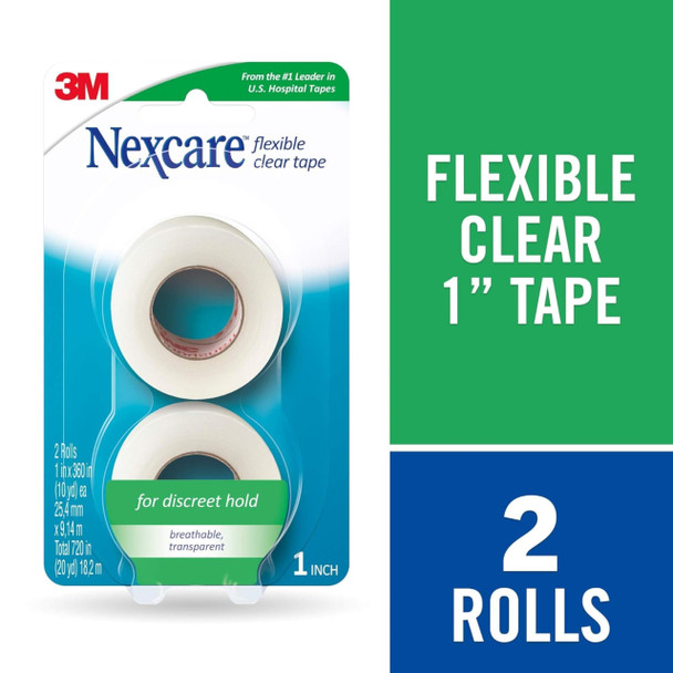Nexcare Flexible Clear First Aid Tape, 1 Inch x 10 Yard Roll, 2 Count