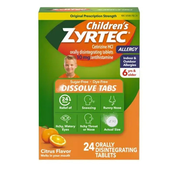 Zyrtec Children's 24 Hour Dissolving Allergy Relief Tablets with 10 mg Cetirizine Hydrochloride Antihista-Mine, Dissolvable Allergy Medicine for Kids Ages 6 Years+, Citrus Flavor, 12 ct