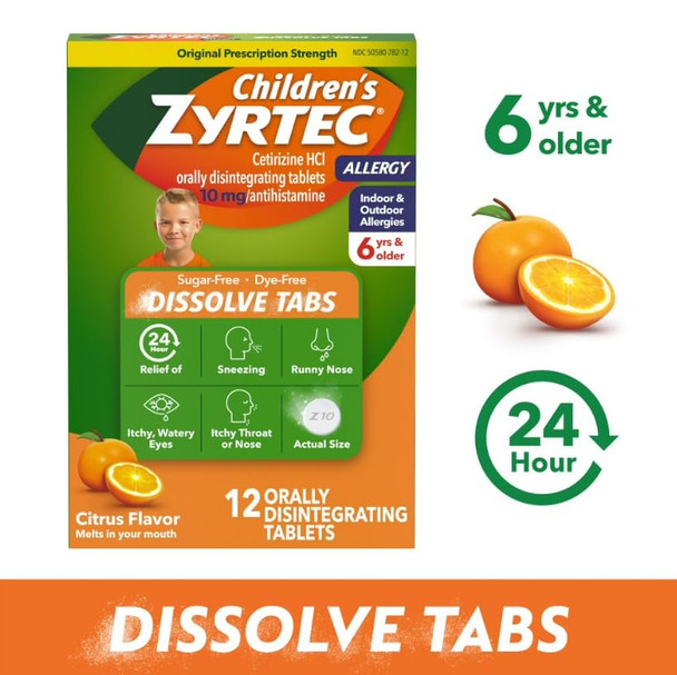 Zyrtec Children's 24 Hour Dissolving Allergy Relief Tablets with 10 mg Cetirizine Hydrochloride Antihista-Mine, Dissolvable Allergy Medicine for Kids Ages 6 Years+, Citrus Flavor, 12 ct