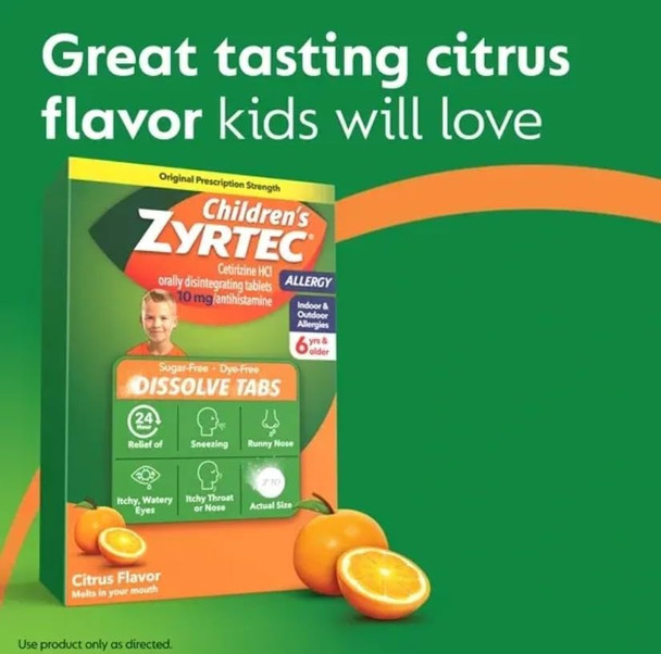 Zyrtec Children's 24 Hour Dissolving Allergy Relief Tablets with 10 mg Cetirizine Hydrochloride Antihista-Mine, Dissolvable Allergy Medicine for Kids Ages 6 Years+, Citrus Flavor, 12 ct