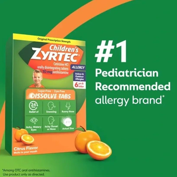 Zyrtec Children's 24 Hour Dissolving Allergy Relief Tablets with 10 mg Cetirizine Hydrochloride Antihista-Mine, Dissolvable Allergy Medicine for Kids Ages 6 Years+, Citrus Flavor, 12 ct