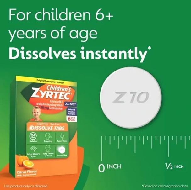 Zyrtec Children's 24 Hour Dissolving Allergy Relief Tablets with 10 mg Cetirizine Hydrochloride Antihista-Mine, Dissolvable Allergy Medicine for Kids Ages 6 Years+, Citrus Flavor, 12 ct