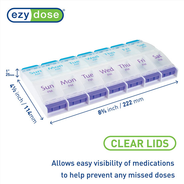 EZY DOSE Push Button (7-Day) Pill Case, Medicine Planner, Daily Vitamin Organizer, 2 Times a Day AM/PM, X-Large Compartments, Arthritis Friendly, Easy to use, Clear Lids, Purple and Blue, BPA Free