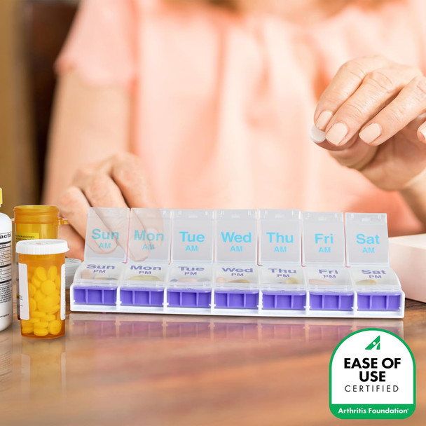 EZY DOSE Push Button (7-Day) Pill Case, Medicine Planner, Daily Vitamin Organizer, 2 Times a Day AM/PM, X-Large Compartments, Arthritis Friendly, Easy to use, Clear Lids, Purple and Blue, BPA Free