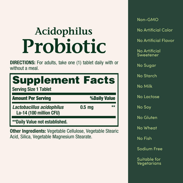 Nature's Bounty Lactobacillus Acidophilus Probiotic Supplement - Daily Probiotic for Women/Men Digestive Health, 100 Million Organisms, Vegetarian, 1 Serving per Day, 120 Tablets