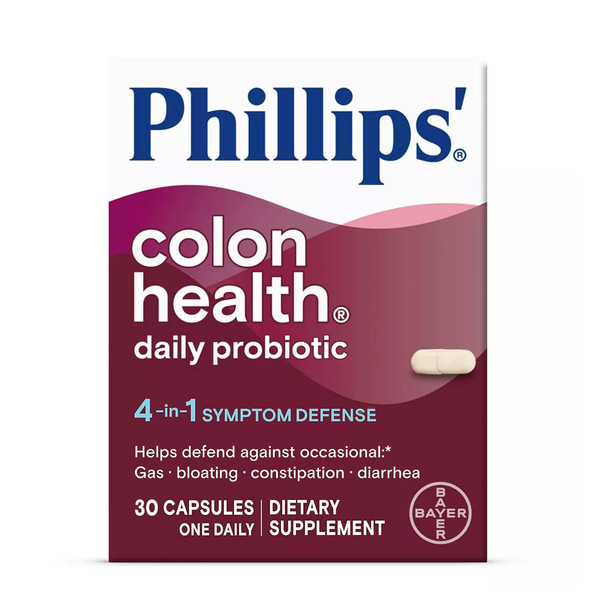 Phillips' Colon Health Daily Probiotic Capsules, 4-in-1 Symptom Defense to help defend against Occasional Gas, Bloating, Constipation, and Diarrhea, Daily Supplement, 30 Count