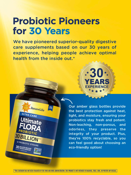 Renew Life Extra Care Digestive Probiotic Capsules, Daily Supplement Supports Immune, Digestive and Respiratory Health, L. Rhamnosus GG, Dairy, Soy and gluten-free, 30 Billion CFU, 30 Count