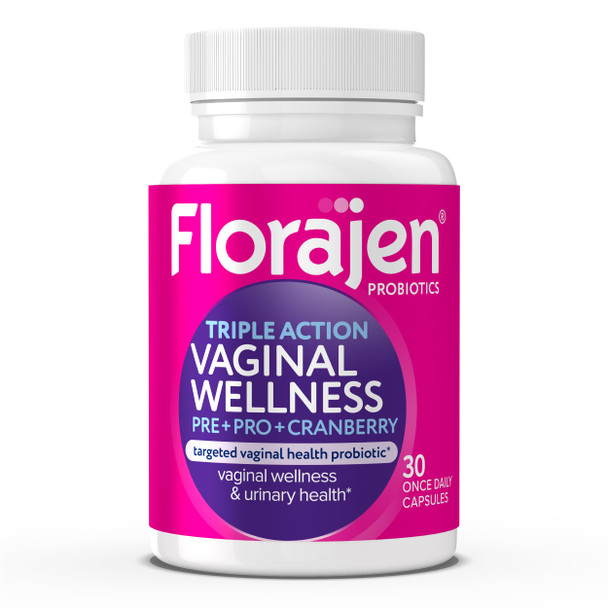 Florajen Womens Triple-Action Probiotic, Prebiotic + Probiotic + Cranberry for Vaginal, Digestive, & Immune Support, Fast-Acting, Clinically-Studied, Gluten-Free & Vegan, 30-Count