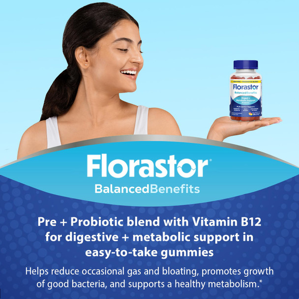 Florastor Prebiotic and Probiotic Gummies, Digestive and Metabolic Support Probiotic Blend for Multi-Action Digestive Health Care, with Vitamin B12, 56 Gummies