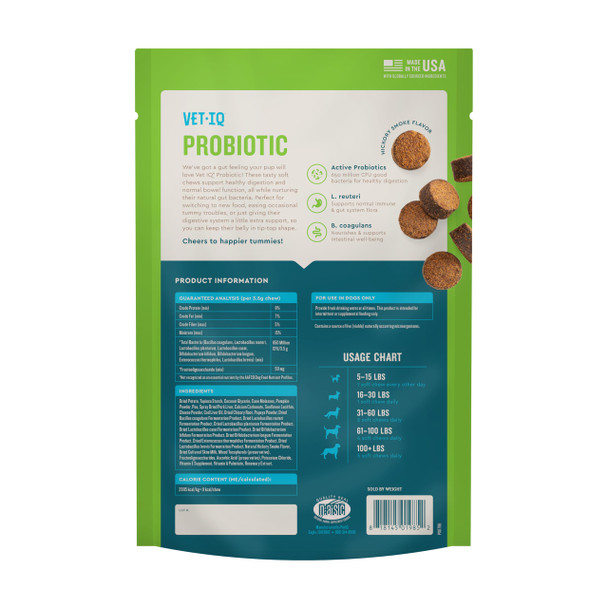 VetIQ Probiotic Supplement for Dogs, Digestive Support for Dogs, Nourishes Gut Bacteria and Supports Bowel Function, Hickory Smoke Flavor, Made in The USA, 60 Count