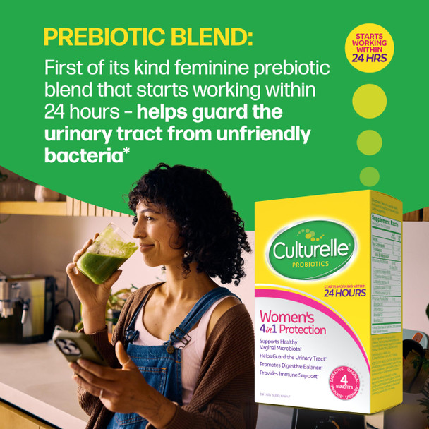 Culturelle 4-in-1 Probiotics for Women, Daily Probiotic & Prebiotic Supplement to Support Vaginal Health, Digestive Health, Immune Health, Occasional Diarrhea, Gas & Bloating Relief, Non-GMO, 30 Count