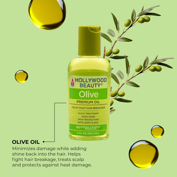 Hollywood Beauty Olive Hair Oil, 2 oz - Fights Hair Breakage, Adds Shine, Heat Protection, Moisturizes Hair & Skin, Antioxidant-Rich