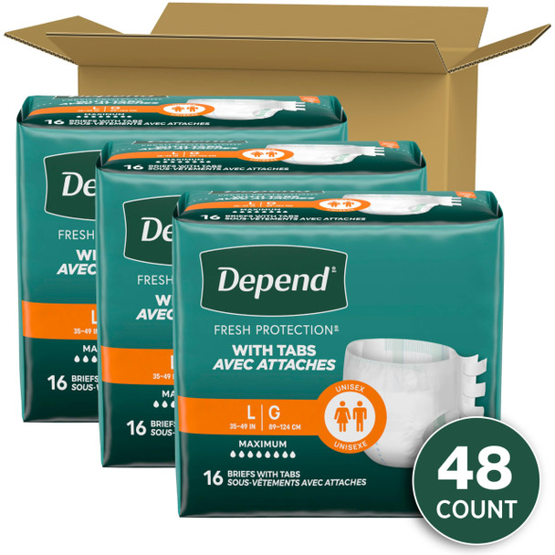 Depend Adult Diapers with Tabs, Incontinence Protection with Tabs, Unisex, Large (3549" Waist, over 170 lbs), Maximum Absorbency, 48 Count (3 Packs of 16)