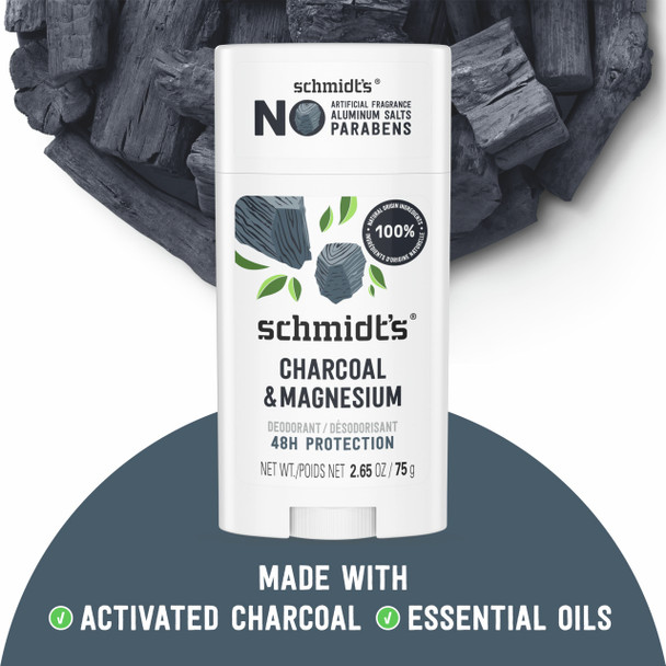 Schmidt's Aluminum-Free Vegan Deodorant Charcoal & Magnesium with 24 Hour Odor Protection, for Women and Men, Natural Ingredients, Cruelty-Free, 2.65 oz