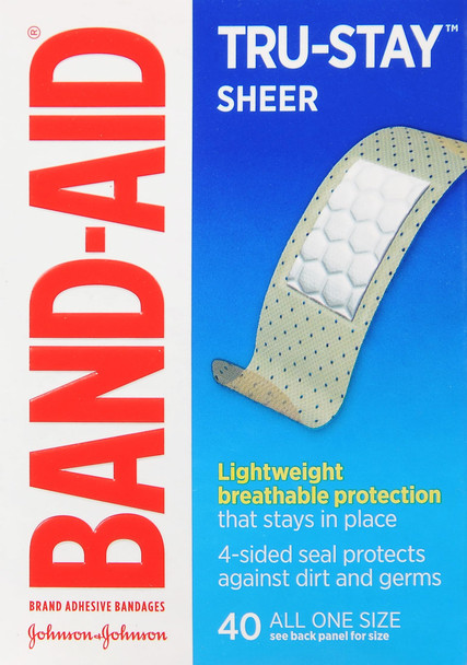 Band-Aid Brand Tru-Stay Sheer Strips Adhesive Sterile Bandages for First Aid & Wound Protection, Individually Wrapped Wound Care Bandages for Minor Cuts & Scrapes, All One Size, 40 ct