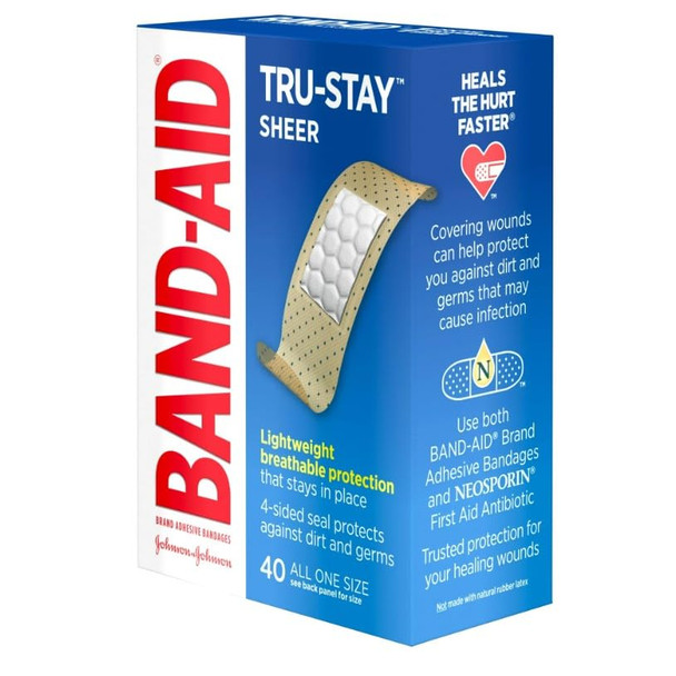 Band-Aid Brand Tru-Stay Sheer Strips Adhesive Sterile Bandages for First Aid & Wound Protection, Individually Wrapped Wound Care Bandages for Minor Cuts & Scrapes, All One Size, 40 ct
