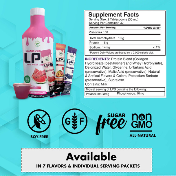 LPS Liquid Collagen & Whey Protein Supplement - Sugar-Free, Dye-Free, Non-GMO Drink - Hydrolyzed Collagen & Whey Peptides Promotes Healthy Skin & Hair for Men & Women, Peach Mango, 32 fl oz