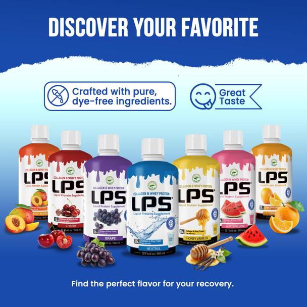 LPS Liquid Collagen & Whey Protein Supplement - Sugar-Free, Dye-Free, Non-GMO Drink - Hydrolyzed Collagen & Whey Peptides Promotes Healthy Skin & Hair for Men & Women, Peach Mango, 32 fl oz