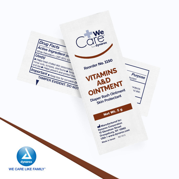 Dynarex Vitamins A & D Ointment, Ointment with Vitamin A and Vitamin D Skin Protectant, for Diaper Rash and Discomfort, White, 1 Box of 144 - 5g Packets