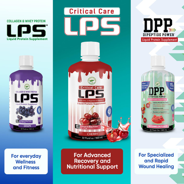 LPS Liquid Collagen & Whey Protein Supplement - Non-GMO Drink, Sugar-Free - Promotes Healthy Skin & Hair for Men & Women, Cherry (Critical Care)