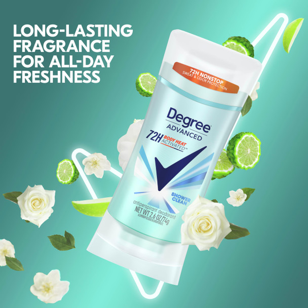 Degree Advanced Protection Antiperspirant Deodorant Shower Clean for 72-Hour Sweat & Odor Control for Women, with Body Heat Activated Technology, 2.6 oz