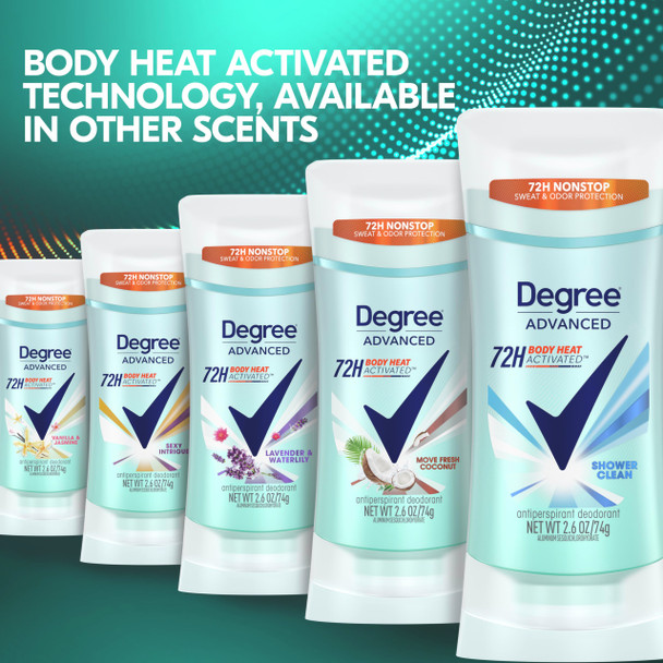 Degree Advanced Protection Antiperspirant Deodorant Shower Clean for 72-Hour Sweat & Odor Control for Women, with Body Heat Activated Technology, 2.6 oz