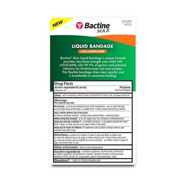Bactine MAX Liquid Bandage with Lidocaine - Wound Cleaning Liquid Bandage for Skin - Kills 99% of Germs, Covers, Protects - Skin Glue for Wounds - .30 fl. Ounce