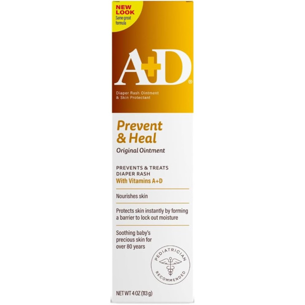 A+D Original Diaper Rash Ointment, Baby Skin Protectant With Lanolin and Petrolatum, Seals Out Wetness, Helps Prevent Diaper Rash, 4 Ounce Tube, Packaging May Vary