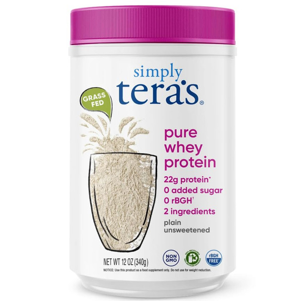 simply tera's Pure Whey Protein Powder - Grass Fed Whey Protein Powder, Clean & Natural, Unflavored, Non-GMO, Kosher, Unsweetened - 12 Oz
