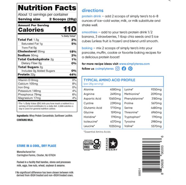 simply tera's Pure Whey Protein Powder - Grass Fed Whey Protein Powder, Clean & Natural, Unflavored, Non-GMO, Kosher, Unsweetened - 12 Oz