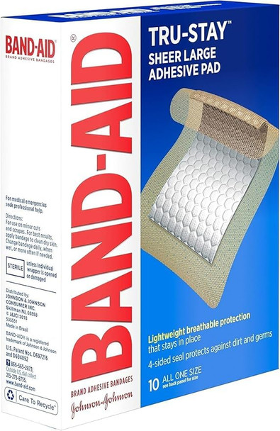Band-Aid Brand Tru-Stay Adhesive Pads, Large Sterile Adhesive Bandages for First Aid Wound Care and Protection of Minor Cuts, Scrapes & Burns, Lightweight, Breathable, Large Size, 10 ct