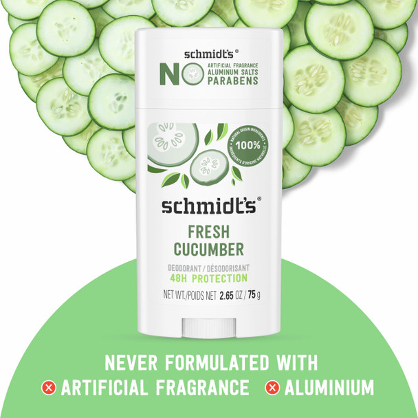 Schmidt's Aluminum-Free Vegan Deodorant Fresh Cucumber for Women and Men, with 24 Hour Odor Protection, Natural Ingredients, Cruelty-Free, 2.65 oz
