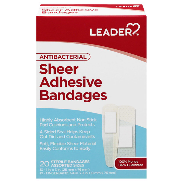 Leader Sheer Adhesive Bandages, Packs ofBlends with Skin, Helps Prevent Infection, Long Lasting, Comfortable Protection for First Aid and Wound Care, Compare to Band-Aid, Assorted Sizes, 20 ct.
