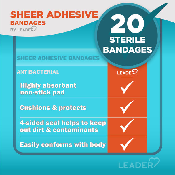 Leader Sheer Adhesive Bandages, Packs ofBlends with Skin, Helps Prevent Infection, Long Lasting, Comfortable Protection for First Aid and Wound Care, Compare to Band-Aid, Assorted Sizes, 20 ct.