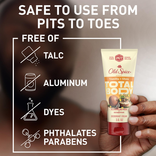 Old Spice Whole Body Deodorant Cream for Men, Aluminum Free, Vanilla + Shea Scent, 24/7 Odor Protection, 24/7 Lasting Freshness, Dermatologist Tested, Gentle on Skin, Safe to Use All Over, 3.0 oz