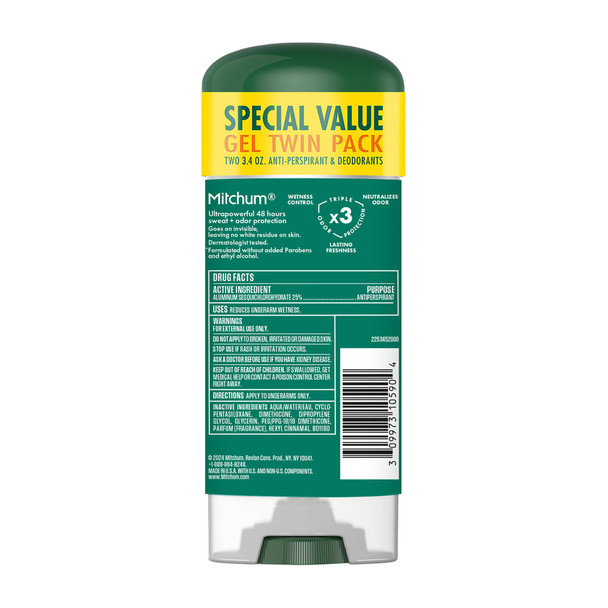 Mitchum Mens Triple Odor Protection Antiperspirant & Deodorant Gel, Unscented, 48HR Protection, 2 pack
