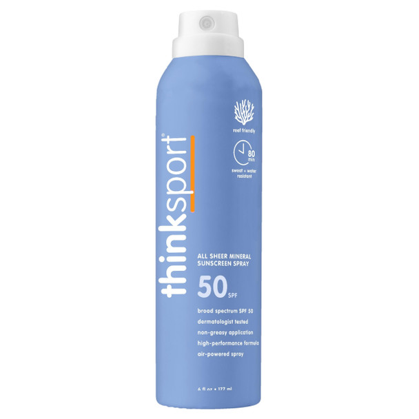 Thinksport SPF 50+ Mineral Sunscreen Spray, All Sheer, 6 Fl Oz  Natural, Water Resistant Body Sun Protection, Vegan & Reef Safe