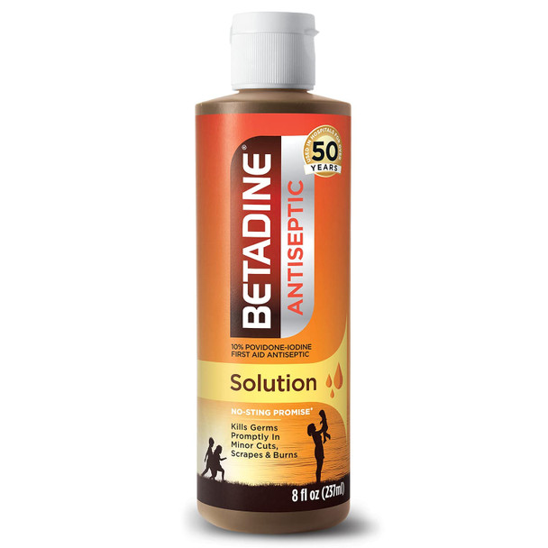 Betadine Antiseptic First Aid Solution, Povidone-iodine 10%, Infection Protection, Kills Germs In Minor Cuts Scrapes And Burns, No Sting Promise, No Alcohol or Hydrogen Peroxide, 8 FL OZ