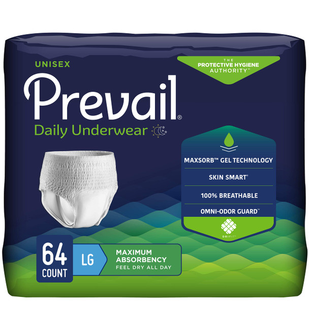 Prevail Daily Protective Underwear, Unisex Disposable Adult Diaper for Men & Women, Maximum Absorbency, Large, 64 Count (4 Packs of 16)