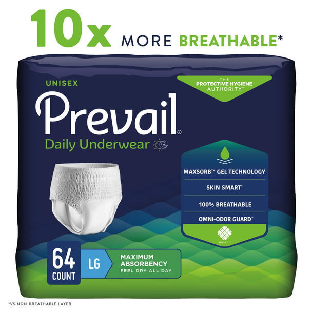 Prevail Daily Protective Underwear, Unisex Disposable Adult Diaper for Men & Women, Maximum Absorbency, Large, 64 Count (4 Packs of 16)