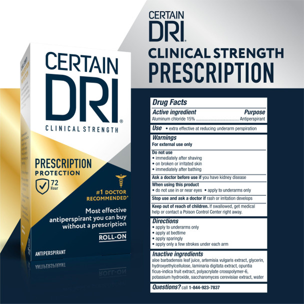 Certain Dri Prescription Strength Clinical Antiperspirant Roll-On for Hyperhidrosis, 72-Hour Sweat Protection, Fragrance-Free, Doctor-Recommended for Men & Women, 1.2 fl oz, (Pack of 1)