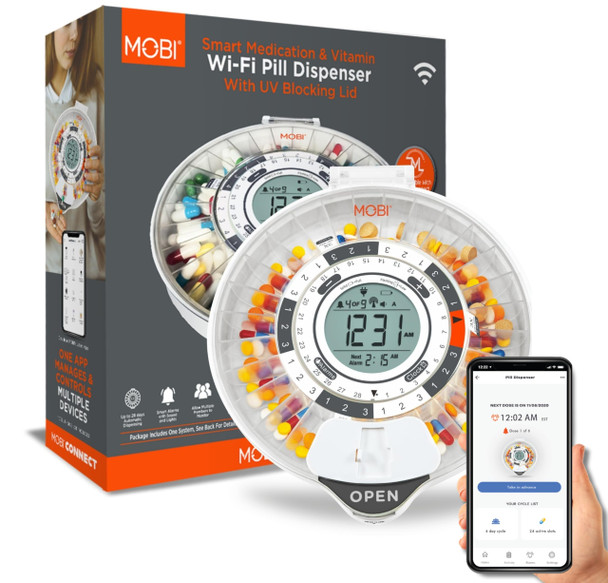 MOBI Connect Smart Wireless Automatic Medication Pill Dispenser with UV Protecting Lid 28-Day Pill Organizer, Key Lock, Sound & Light for Pills, Prescriptions, Medication, Vitamins, Supplements