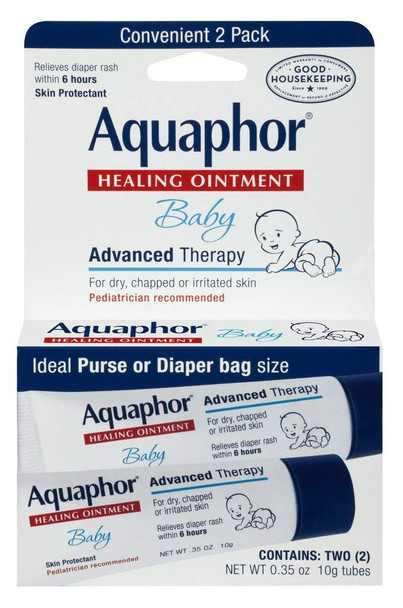 Aquaphor Baby Healing Ointment Advanced Therapy Skin Protectant for Chapped or Dry Skin, Drool Rash and Diaper Rash Ointment, Hypoallergenic Baby Essentials, Travel Size, 0.35 Oz Tube, Pack of 2
