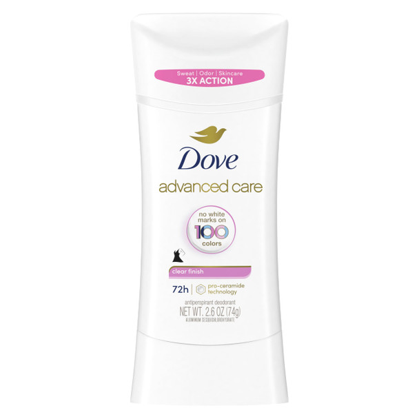 Dove Advanced Care Antiperspirant Deodorant Stick for Soft, Resilient Skin, Clear Finish with No White Marks and 72-Hour Sweat & Odor Protection, 2.6 oz