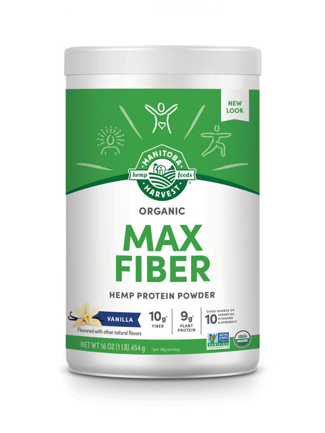 Manitoba Harvest Hemp Yeah Organic Max Fiber Protein Powder, Vanilla, 16oz, with 10g of Fiber, 9g Protein and 1.9g Omegas 3&6 per Serving, Preservative Free, Non-GMO, Packaging May Vary