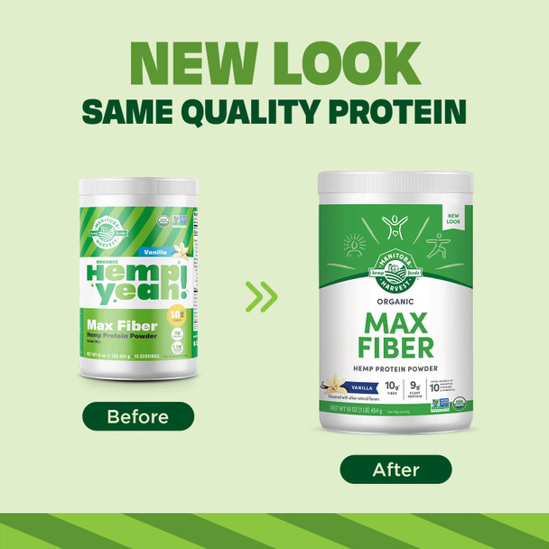 Manitoba Harvest Hemp Yeah Organic Max Fiber Protein Powder, Vanilla, 16oz, with 10g of Fiber, 9g Protein and 1.9g Omegas 3&6 per Serving, Preservative Free, Non-GMO, Packaging May Vary